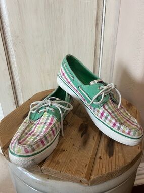 Sperry Pink and Green Plaid Boat Shoes
